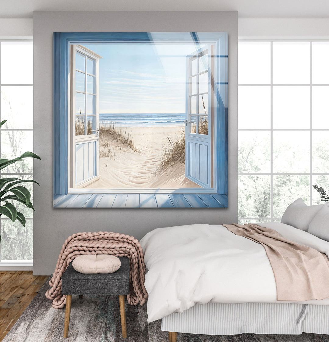 Blue Retreat – Glaswandkunst mit offenem Strandblick