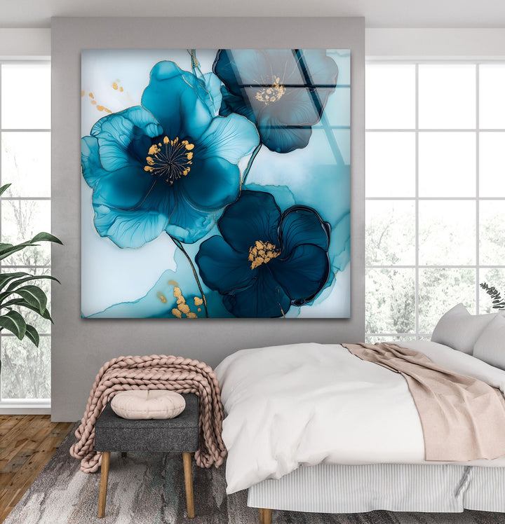 Midnight Bloom – Elegante blaue florale Glaswandkunst