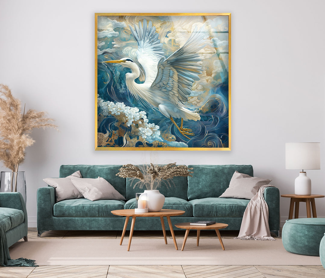 Celestial Flight – Verzierter Reiher mit Gold- und Blumenmotiven aus Glas