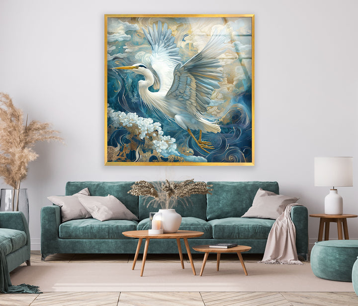 Celestial Flight – Verzierter Reiher mit Gold- und Blumenmotiven aus Glas