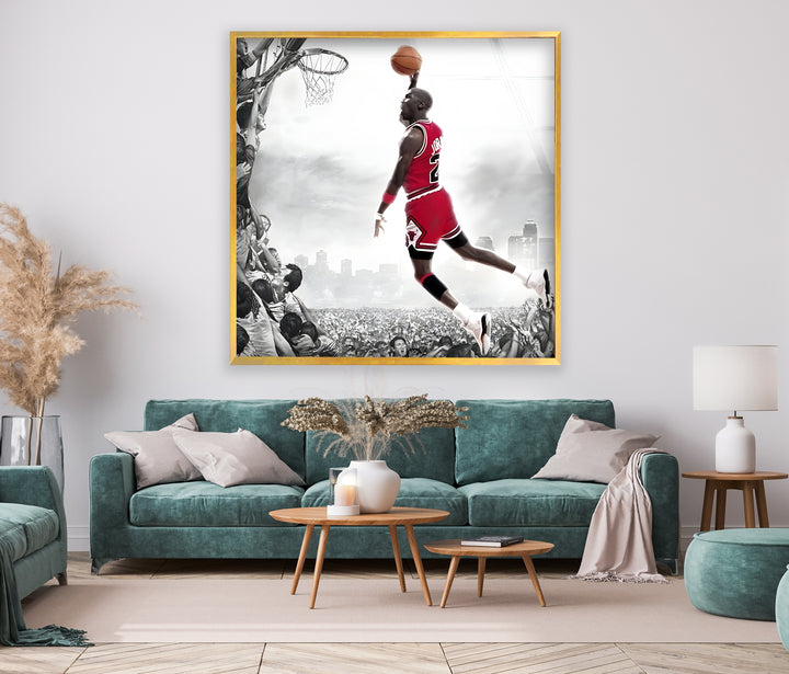 Experience the rush of Michael Jordan’s legendary dunk through this powerful glass wall art.