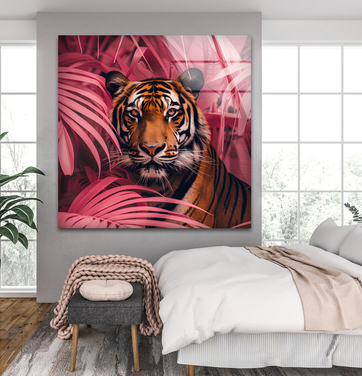 Crimson Canopy Stare – Majestic Tiger Animal Glass Wall Art