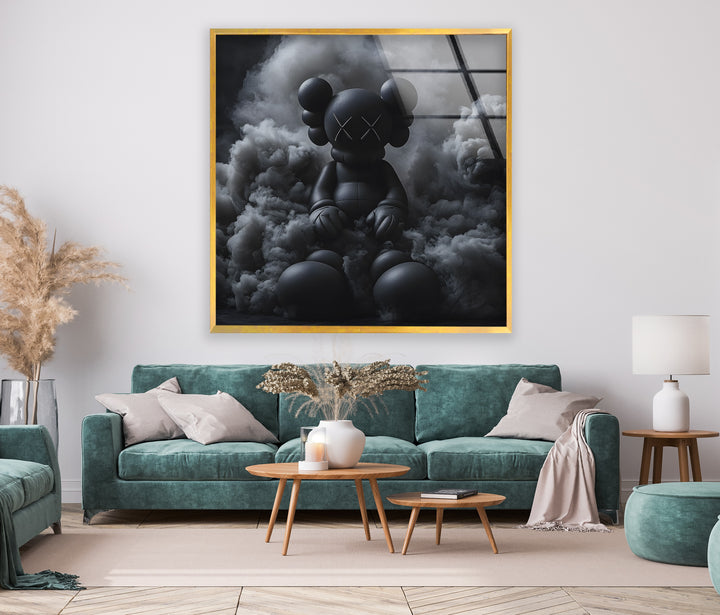 KAWS-inspired character enveloped in clouds, printed in bold monochrome on premium glass wall art.

