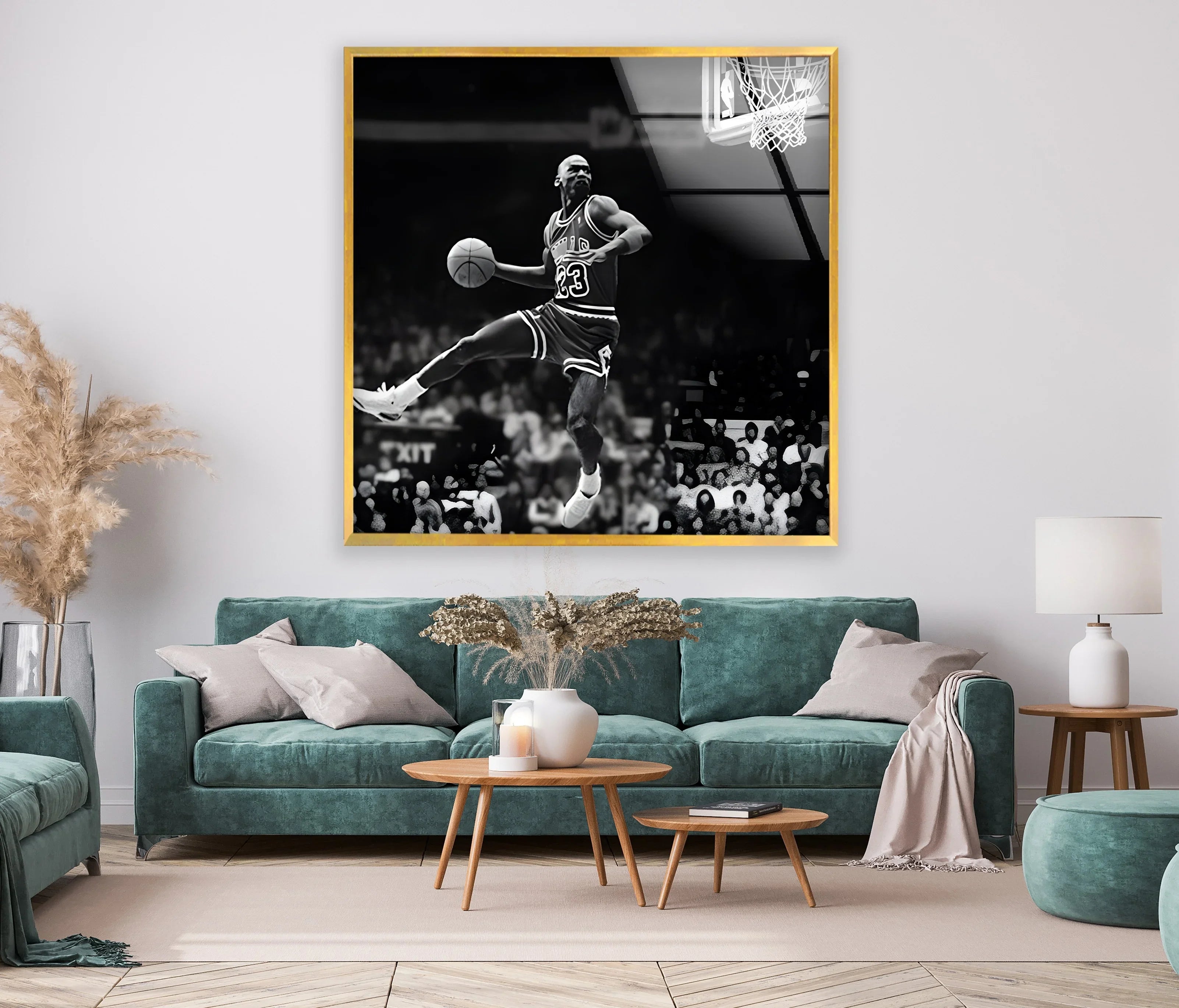 Michael Jordan Dunk | Black and White Basketball Glass Wall Art