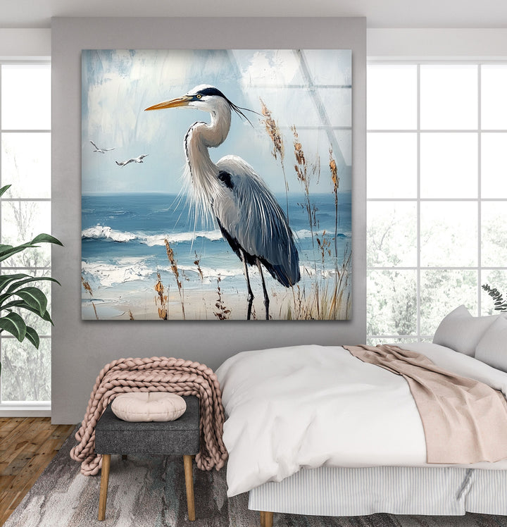 Majestic Heron by the Shoreline - Animal Glass Wall Art