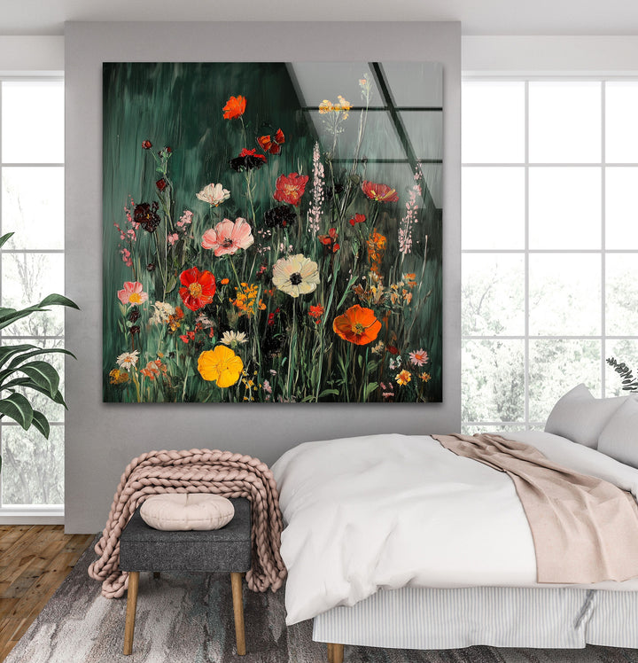 Lebendige Wildblumen in voller Blüte – Moderne florale Glaswandkunst