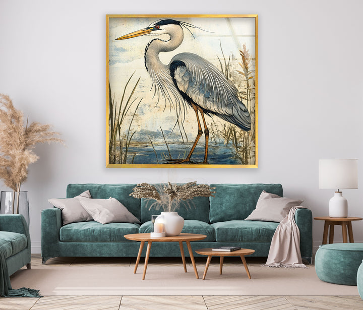 Marshland Poise – Vintage Reiher Illustration Glaswandkunst