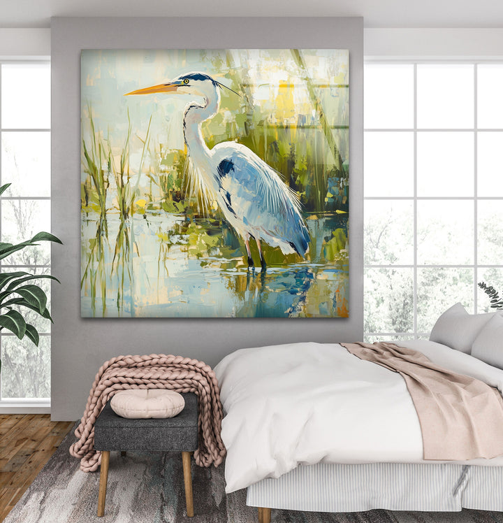 Anmutiger Reiher am Wasser – Ruhige Natur Glaswandkunst