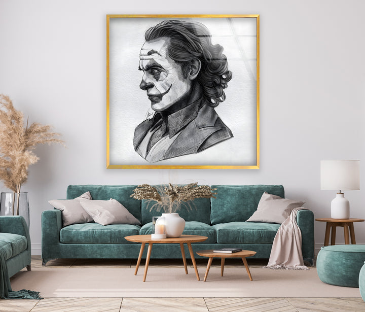 Dunkles Clown-Porträt – Schwarz-Weiß-Zeichnung, Glaswandkunst