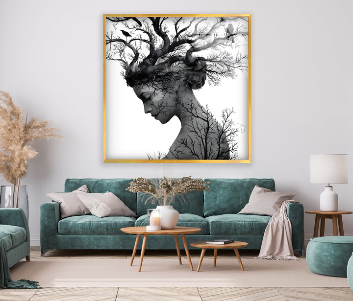 Nature’s Essence – Black & White Abstract Woman with Tree Hair Wall Art