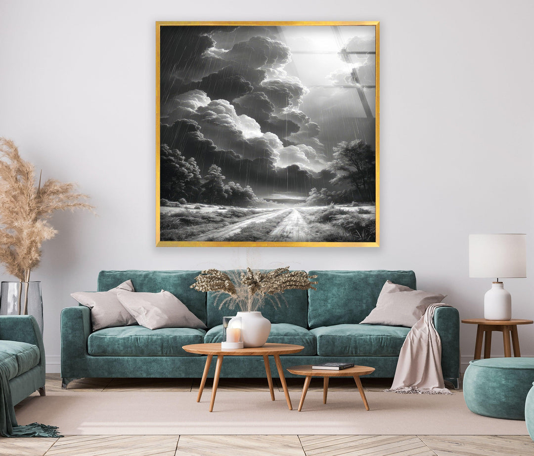 Black and white wall art capturing the power of a moody rainstorm.
