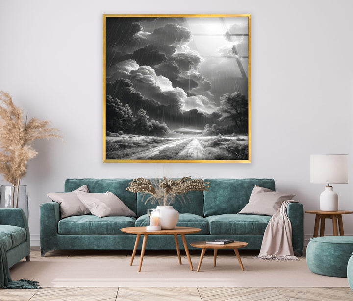 Black and white wall art capturing the power of a moody rainstorm.
