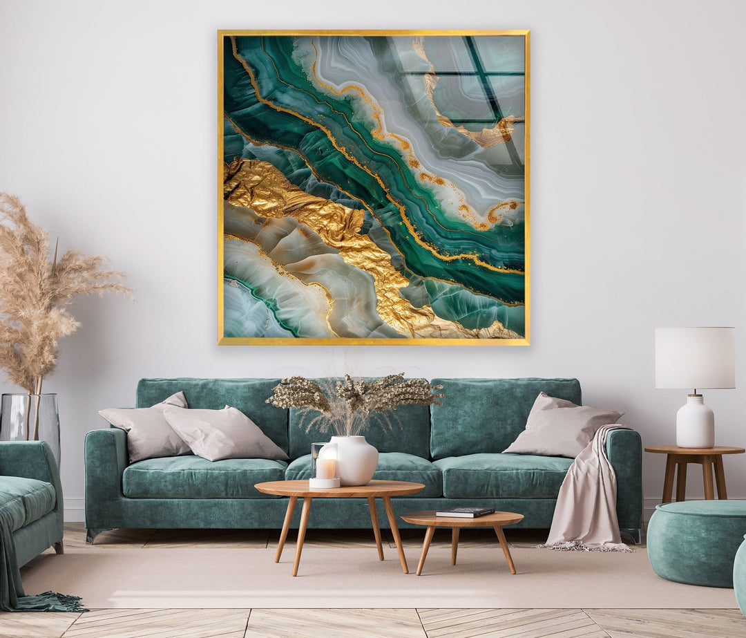 Wandkunst aus grün-goldenem Marmor und Geode-Glas