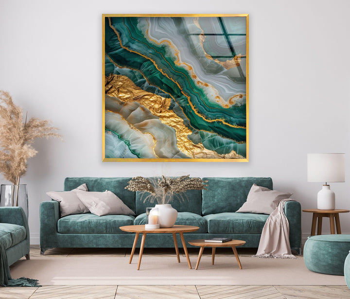 Wandkunst aus grün-goldenem Marmor und Geode-Glas
