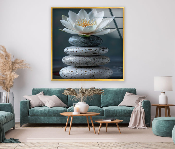 Zen Stones & Lotus Glass Wall Art, glass pictures for Wall, glass prints wall art
