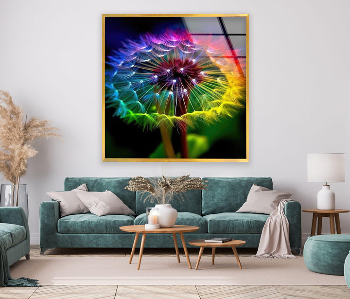 Rainbow Colors Dandelion Glass Wall Art, custom glass pictures, glass art prints