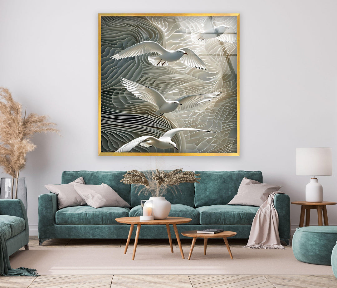 Birds Flying on Wall Glass Wall Art custom glass pictures, glass art prints