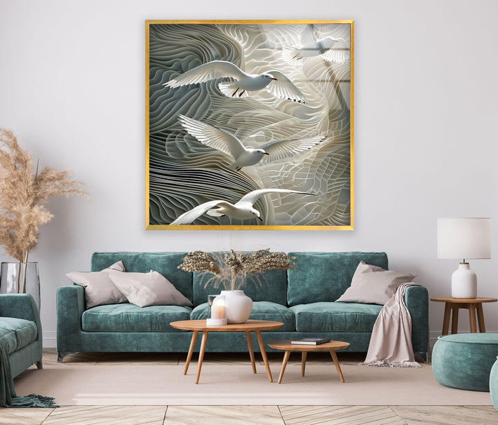 Birds Flying on Wall Glass Wall Art custom glass pictures, glass art prints