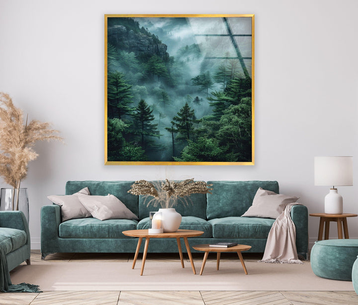 Serene nature wall decor showcasing a peaceful misty woodland scene.
