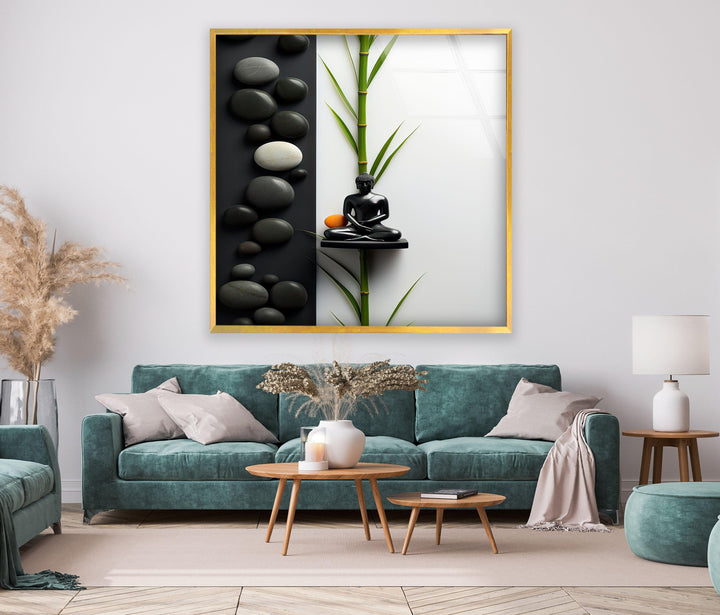 Buddha-Statue und Steine, Glaswandkunst