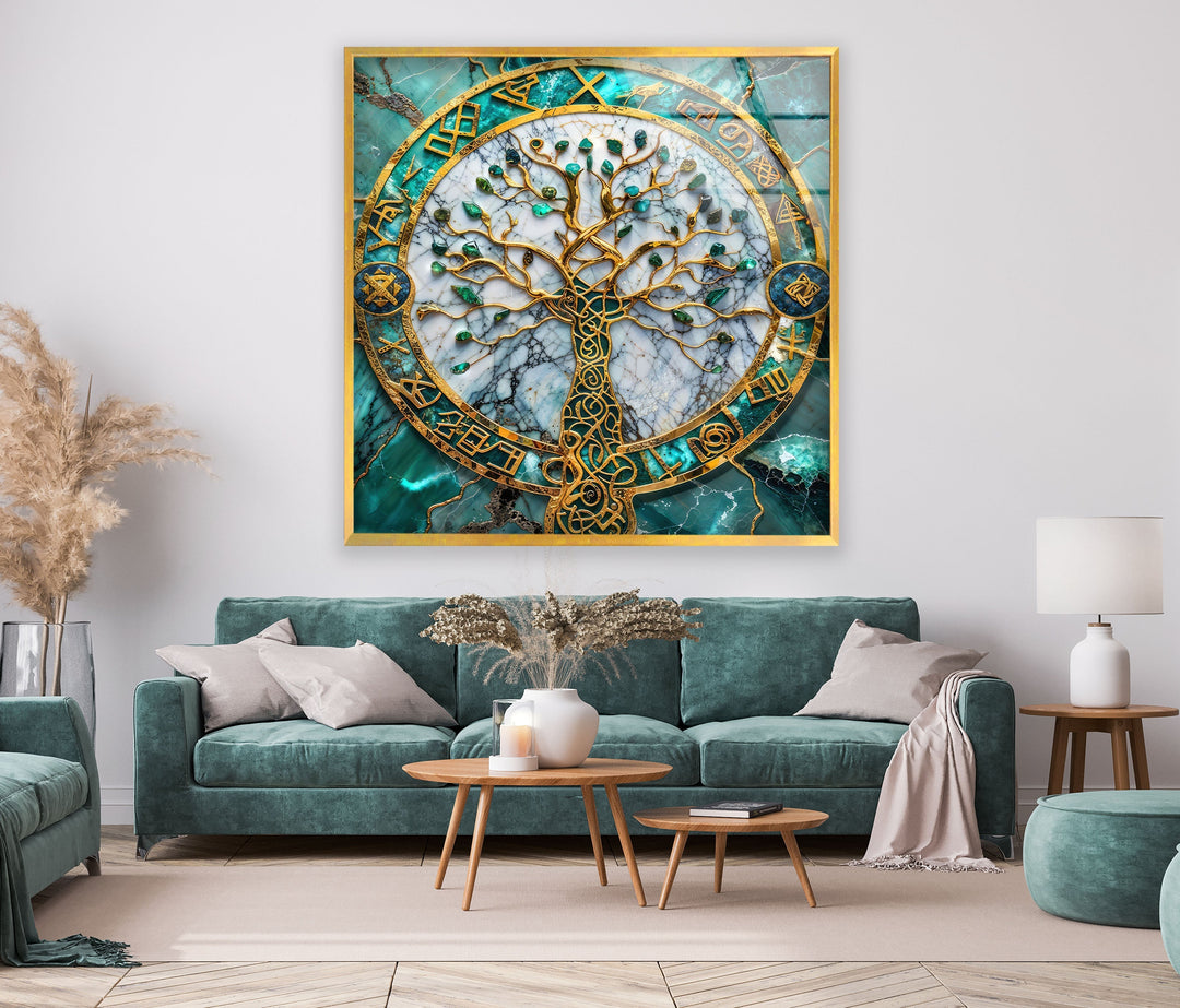Golden & Blue Life of Tree Glass Wall Art glass art painting, glass art for the Wall