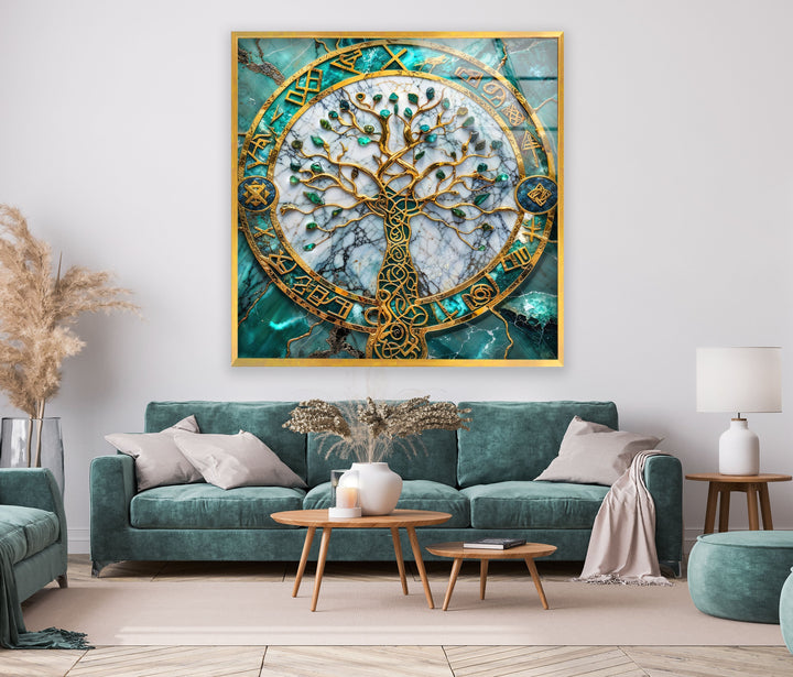 Golden & Blue Life of Tree Glass Wall Art glass art painting, glass art for the Wall