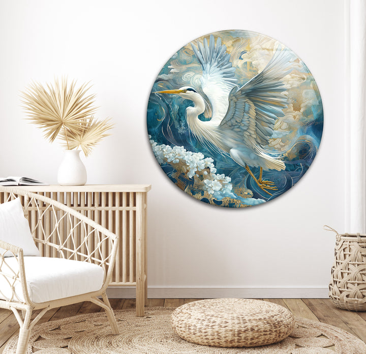 Celestial Flight – Verzierter Reiher mit Gold- und Blumenmotiven aus Glas