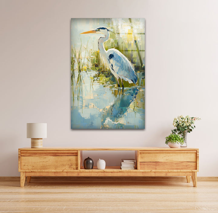 Anmutiger Reiher am Wasser – Ruhige Natur Glaswandkunst