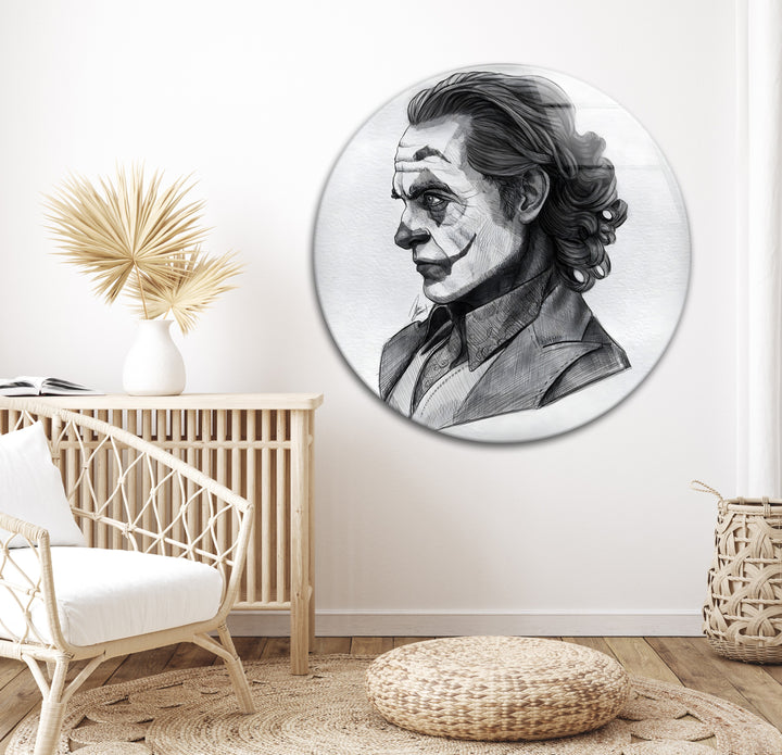 Dunkles Clown-Porträt – Schwarz-Weiß-Zeichnung, Glaswandkunst