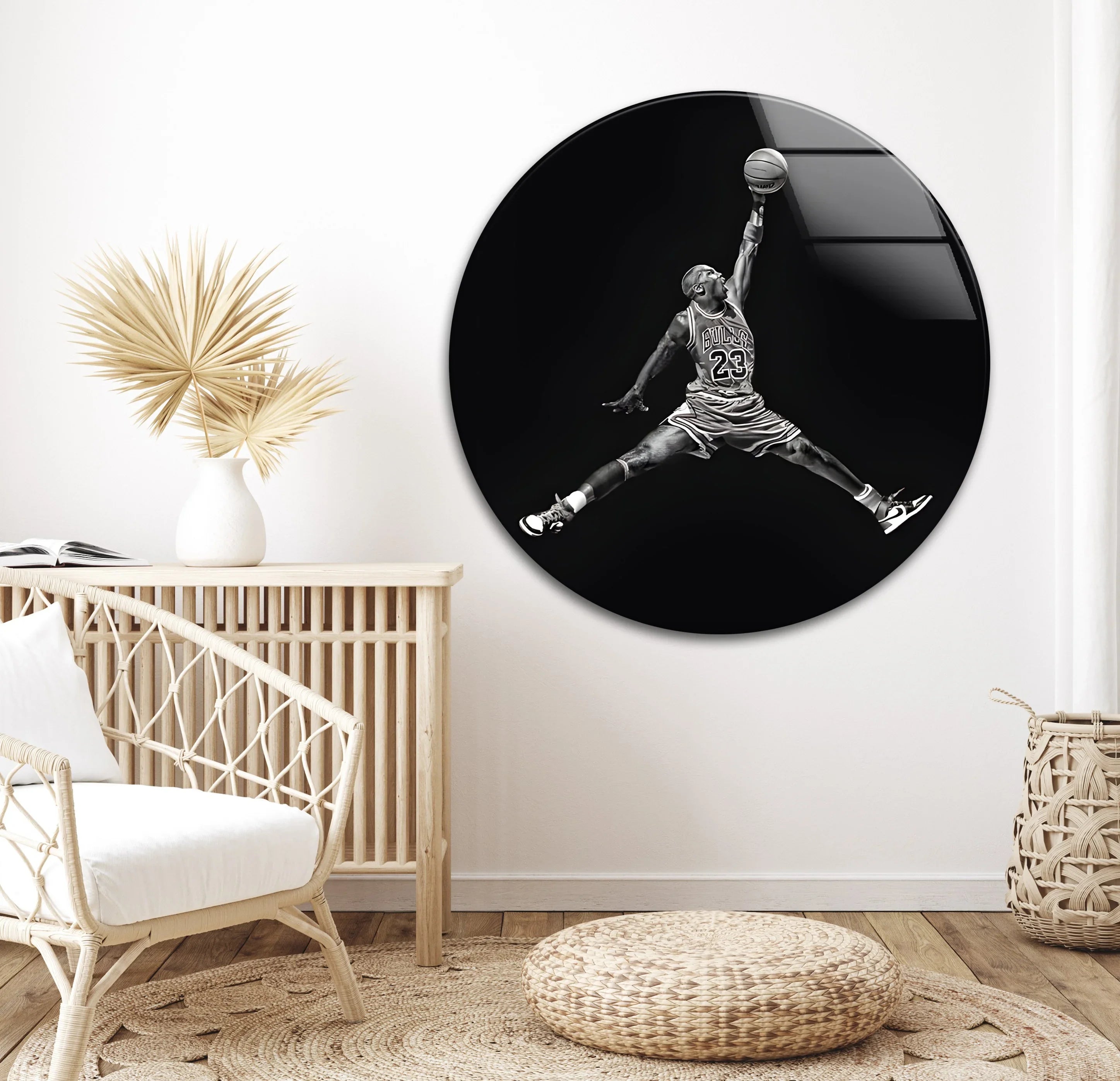 Michael Jordan Dunk Glass Wall Art | Black & White Basketball