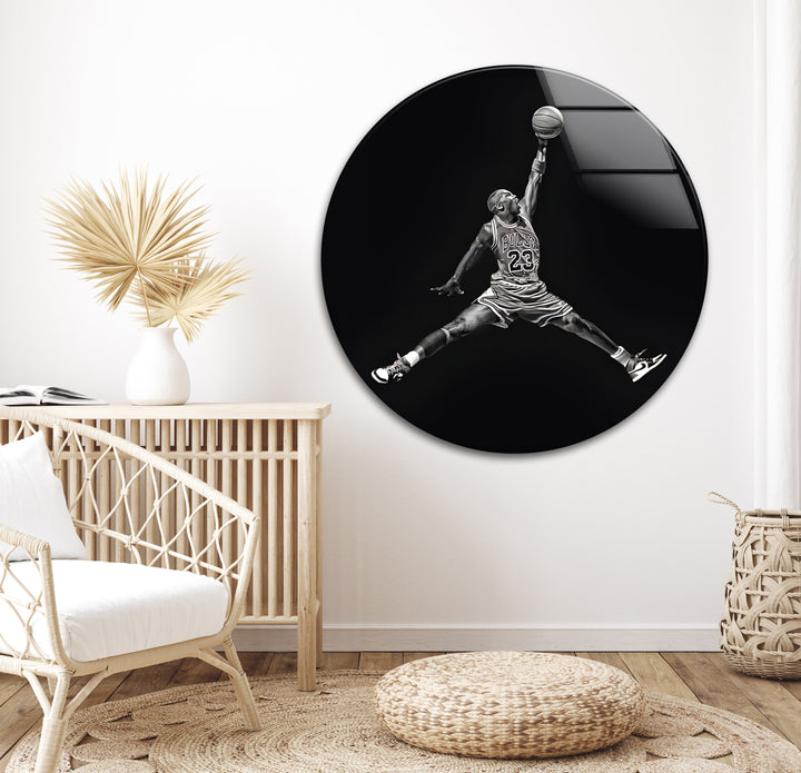 Monochrome Michael Jordan slam dunk glass print
