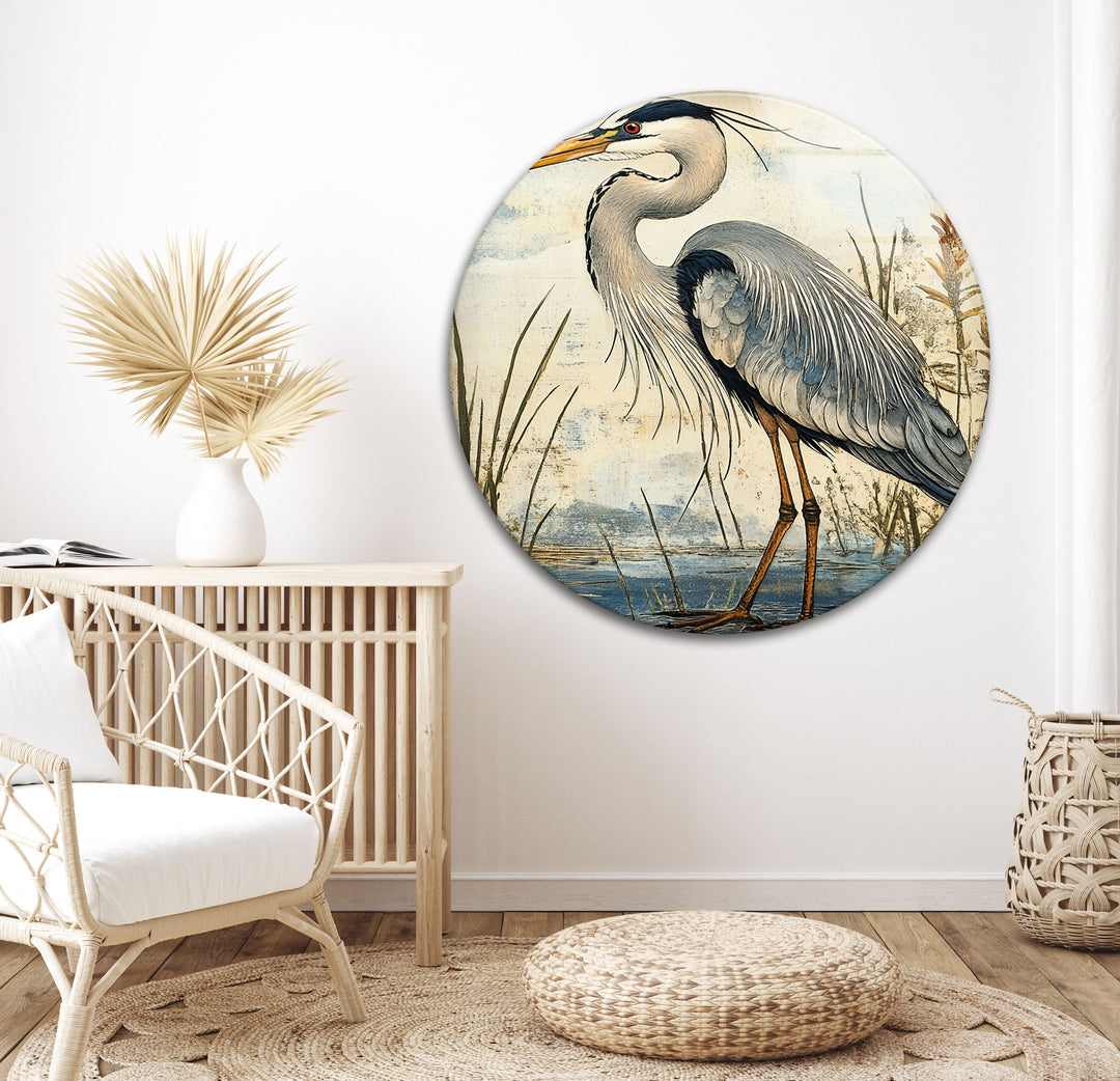 Marshland Poise – Vintage Reiher Illustration Glaswandkunst