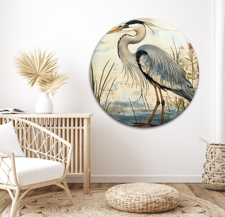 Marshland Poise – Vintage Reiher Illustration Glaswandkunst