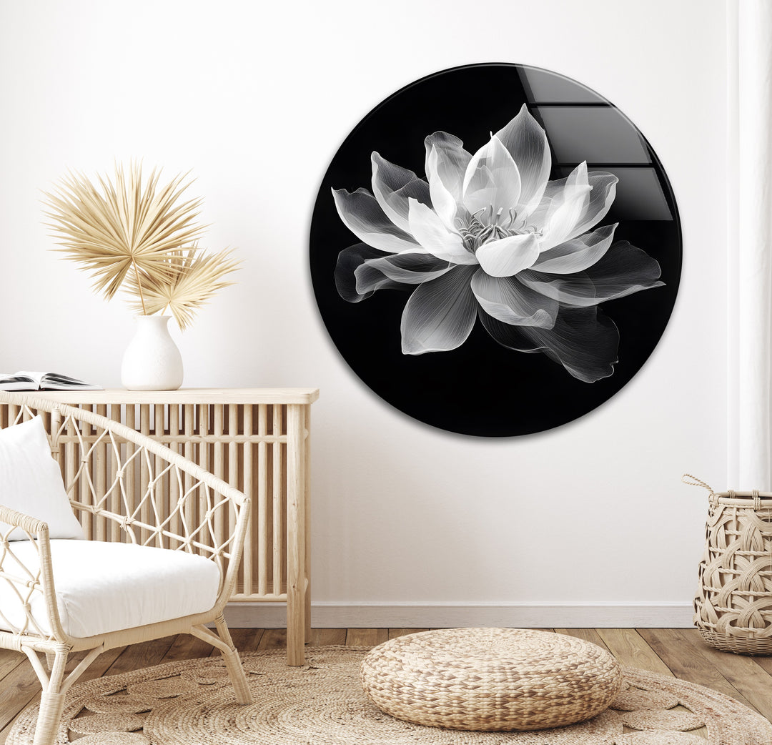 A graceful black-and-white lotus design, printed on high-quality glass for modern interiors.
