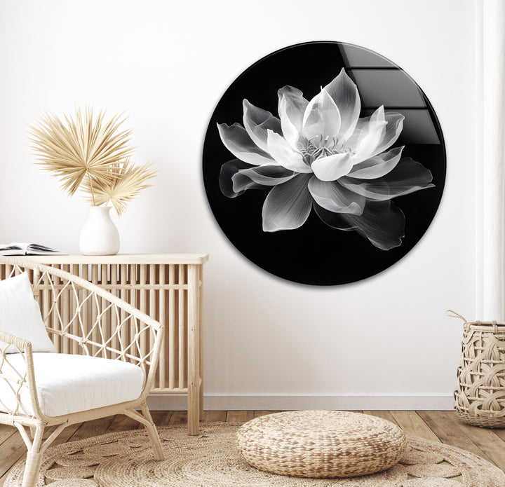 A graceful black-and-white lotus design, printed on high-quality glass for modern interiors.
