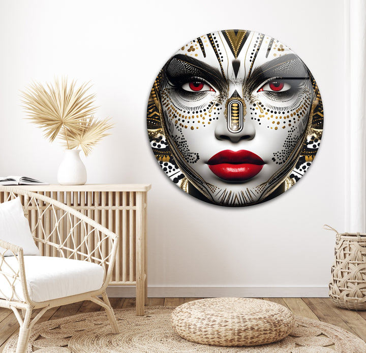 A highly detailed black and white glass art portrait featuring a mesmerizing tribal theme.

