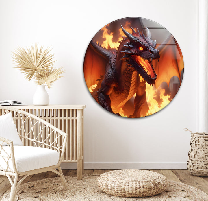 Majestic inferno dragon exhaling flames, causing chaos and devastation around it.

