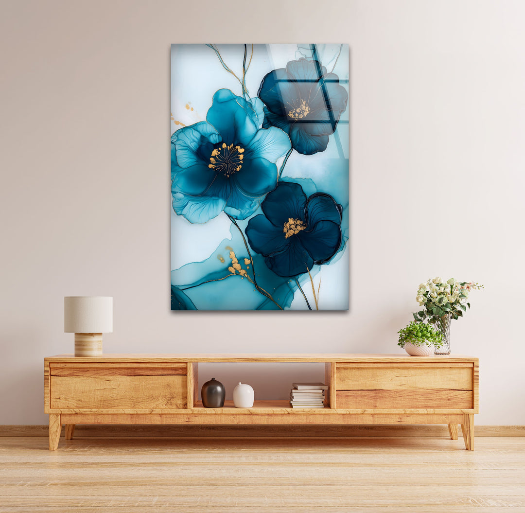 Midnight Bloom – Elegante blaue florale Glaswandkunst