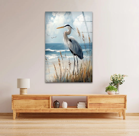 Majestic Heron by the Shoreline - Animal Glass Wall Art - MyPhotoStation
