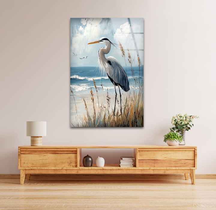 Majestic Heron by the Shoreline - Animal Glass Wall Art