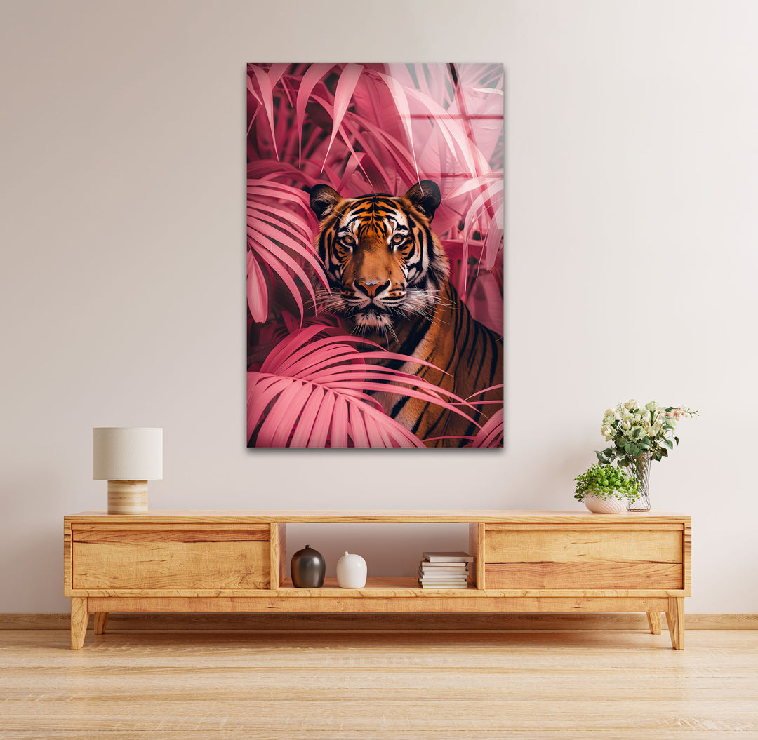 Crimson Canopy Stare – Majestic Tiger Animal Glass Wall Art