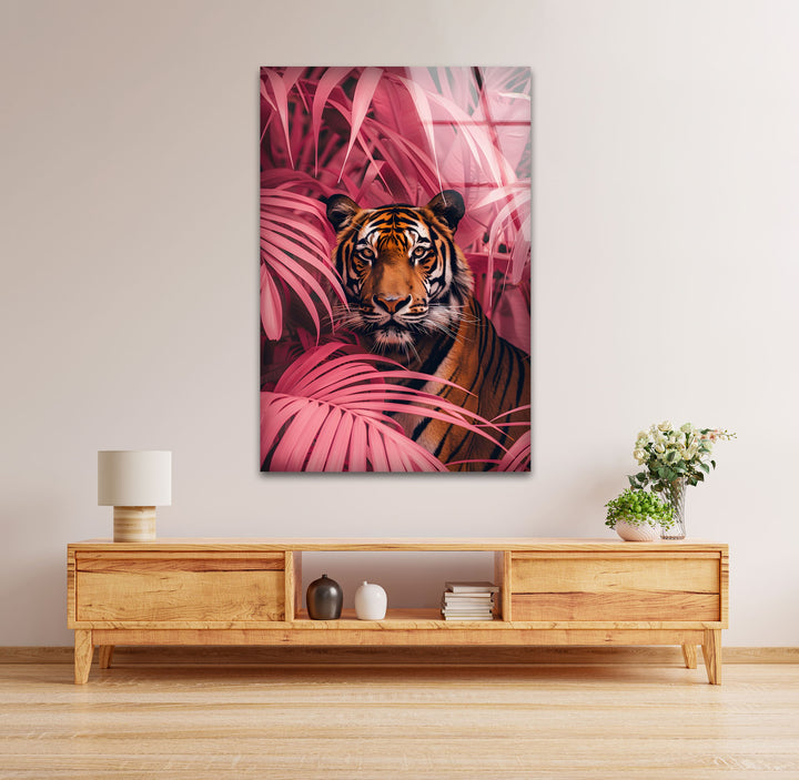 Crimson Canopy Stare – Majestic Tiger Animal Glass Wall Art