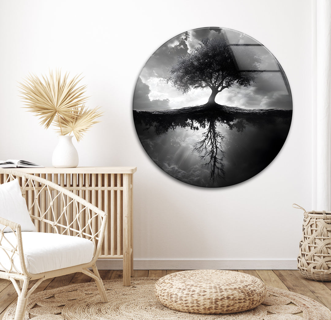 Bold contrast and intricate details define this black and white tree reflection glass wall art.
