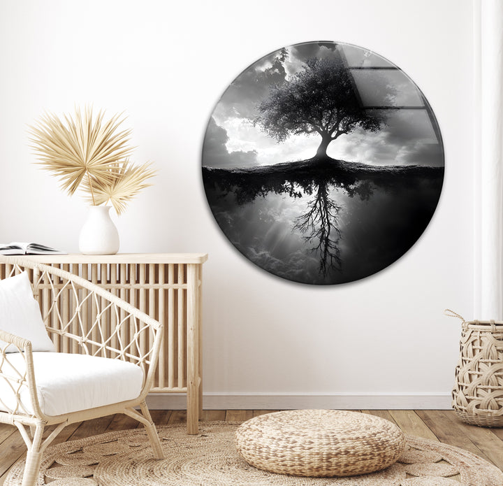 Bold contrast and intricate details define this black and white tree reflection glass wall art.
