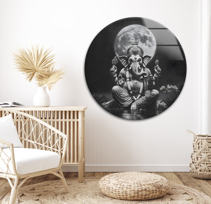 High-definition Ganesha glass wall art, blending spirituality with elegant monochrome aesthetics.