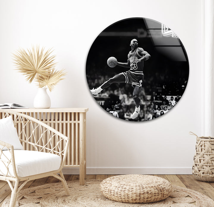 An electrifying black and white glass wall decor piece capturing Jordan’s unmatched skills.


