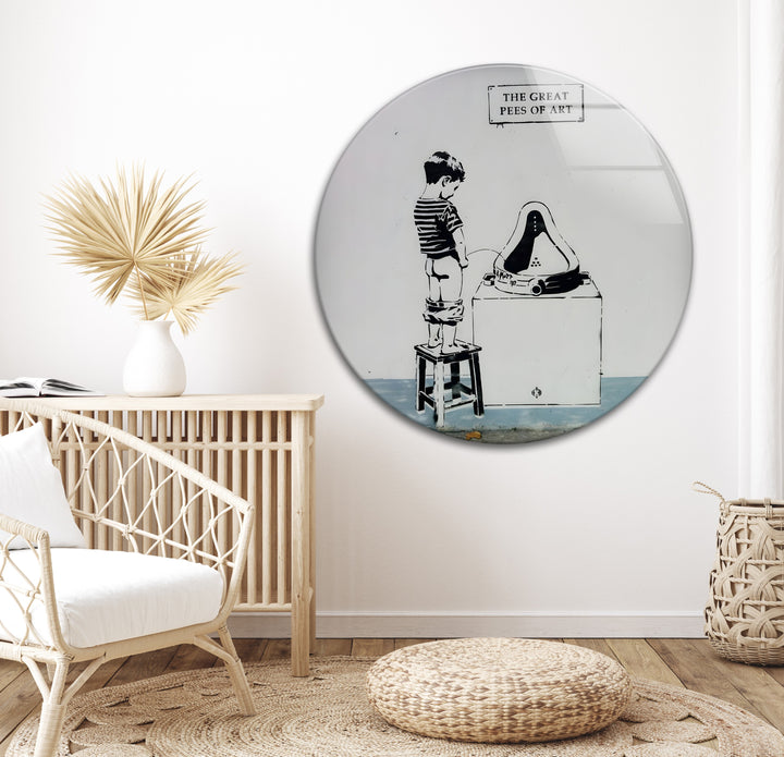 A humorous and edgy street art-inspired piece, printed in black and white on high-quality glass.
