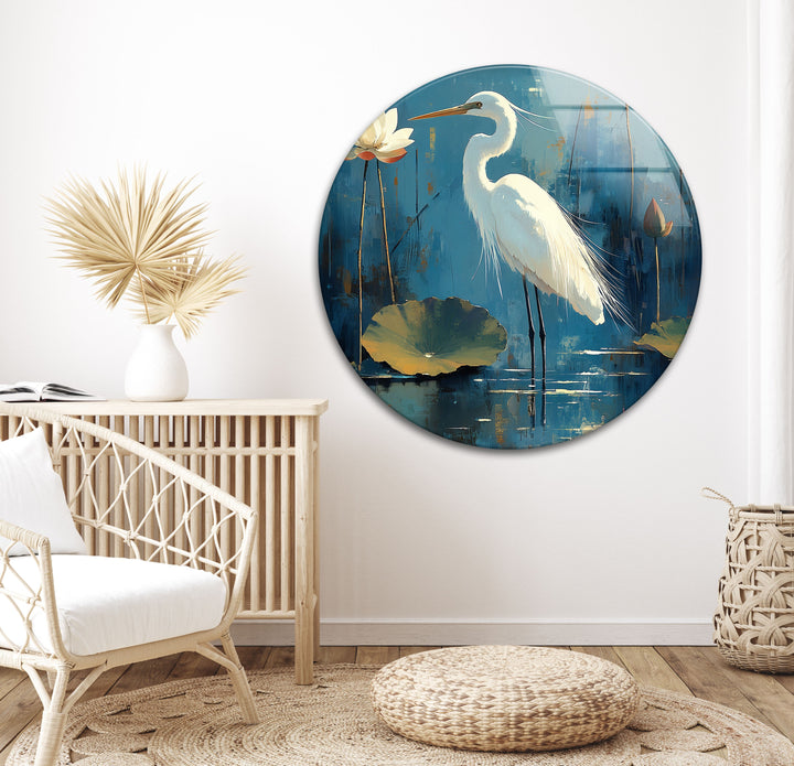 Lotus Grace – Wandbild aus Glas mit weißem Reiher und Seerose