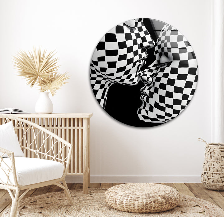 Striking checkered design surrounding a kiss in black-and-white, printed on durable glass.
