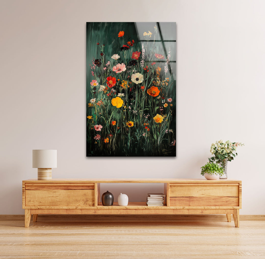 Lebendige Wildblumen in voller Blüte – Moderne florale Glaswandkunst
